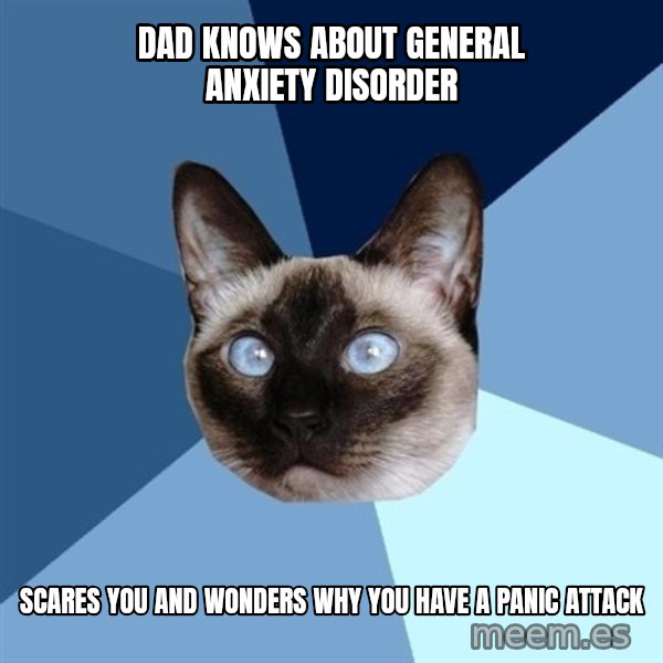 Chronic Illness Cat meme: DAD KNOWS ABOUT GENERAL ANXIETY DISORDER / SCARES YOU AND WONDERS WHY YOU HAVE A PANIC ATTACK