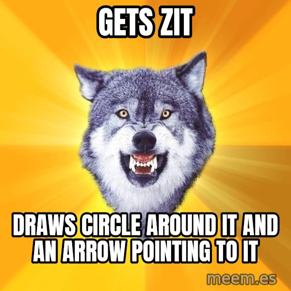 Courage Wolf meme: Gets zit / draws circle around it and an arrow pointing to it