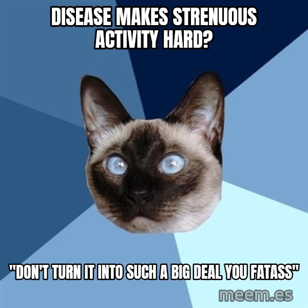 Chronic Illness Cat meme: Disease makes strenuous activity hard? / "don't turn it into such a big deal you fatass"