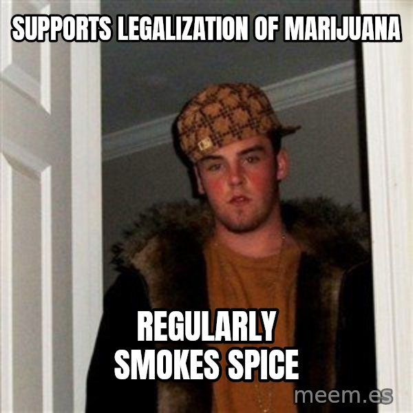 Scumbag Steve meme: Supports legalization of marijuana / Regularly smokes spice