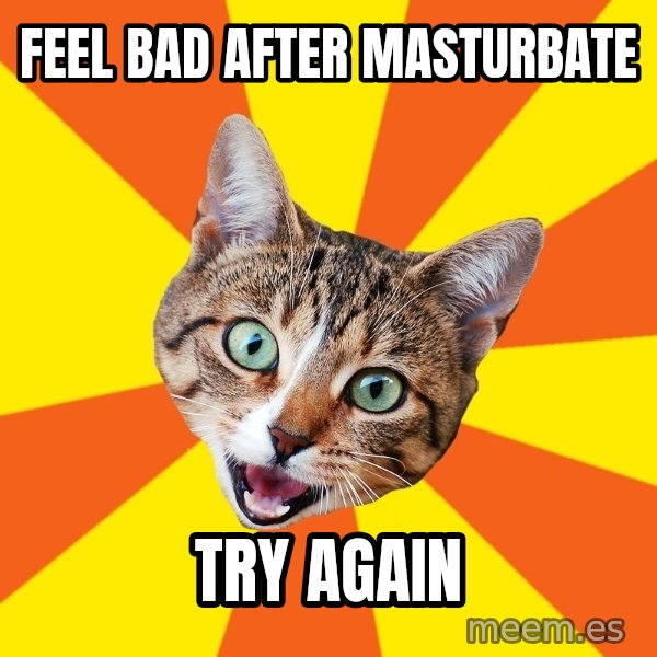 Bad Advice Cat meme: feel bad after masturbate / try again