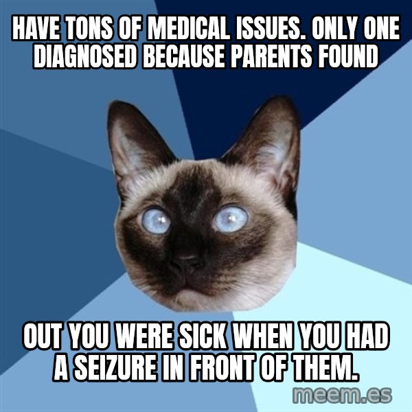 Chronic Illness Cat meme: have tons of medical issues. Only one diagnosed because parents found / out you were sick when you had a seizure in front of them.