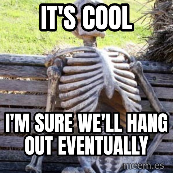 Waiting Skeleton meme: it's cool / i'm sure we'll hang out eventually