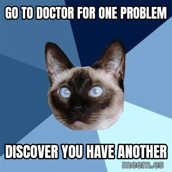 Chronic Illness Cat meme: go to doctor for one problem / discover you have another