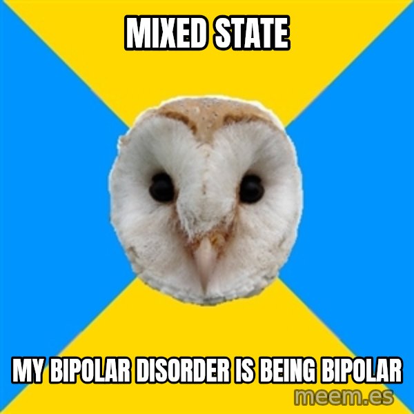 Bipolar Owl meme: MIXED STATE / MY BIPOLAR DISORDER IS BEING BIPOLAR