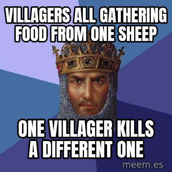 Age Of Empires meme: Villagers all gathering food from one sheep / one villager kills a different one