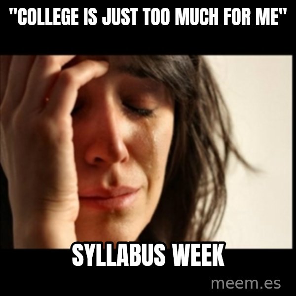 First World Problems meme: "college is just too much for me" / syllabus week