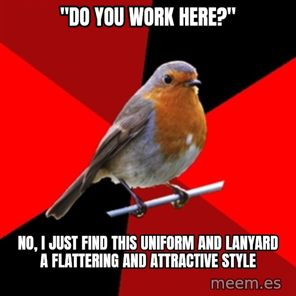 Retail Robin meme: "do you work here?" / no, I just find this uniform and lanyard a flattering and attractive style