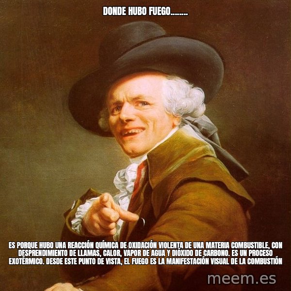 Joseph Ducreux meme: Donde hubo fuego........ / es porque hubo una reacción química de oxidación violenta de una materia combustible, con desprendimiento de llamas, calor, vapor de agua y dióxido de carbono. Es un proceso exotérmico. Desde este punto de vista, el fuego es la manifestación visual de la combustión