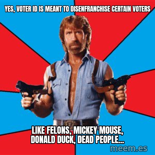 Chuck Norris  meme: Yes, voter id is meant to disenfranchise certain voters / like felons, mickey mouse, donald duck, dead people...