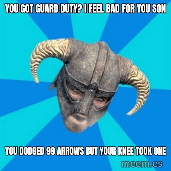 skyrim stan meme: you got guard duty? i feel bad for you son / you dodged 99 arrows but your knee took one