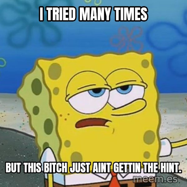 I'll have you know Spongebob meme: i tried many times / but this bitch just aint gettin the hint.