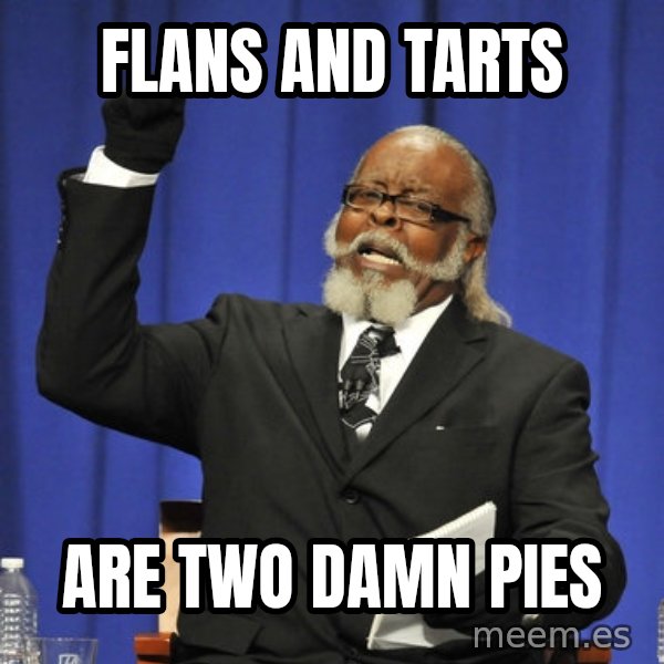 Rent Is Too Damn High meme: flans and tarts / are two damn pies