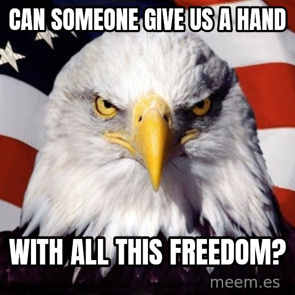 American Pride Eagle meme: can someone give us a hand / with all this freedom?