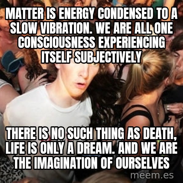 Sudden Realization Ralph meme: matter is energy condensed to a slow vibration. we are all one consciousness experiencing itself subjectively / there is no such thing as death, life is only a dream. and we are the imagination of ourselves
