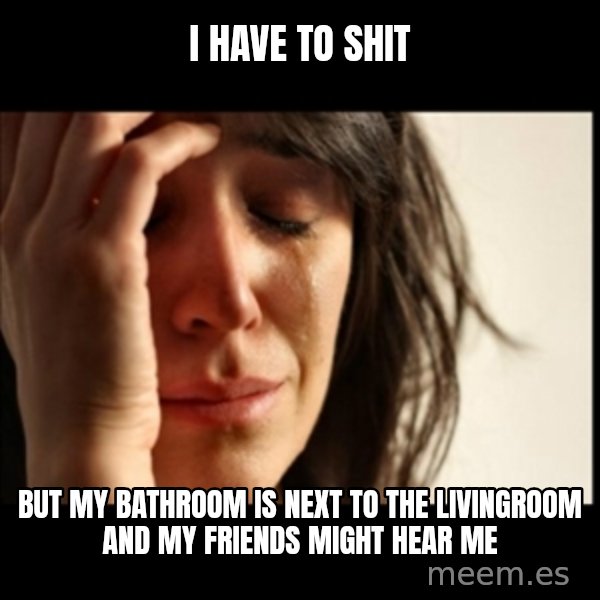 First World Problems meme: I have to shit / but my bathroom is next to the livingroom and my friends might hear me