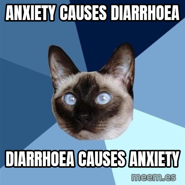 Chronic Illness Cat meme: Anxiety causes diarrhoea / Diarrhoea causes anxiety