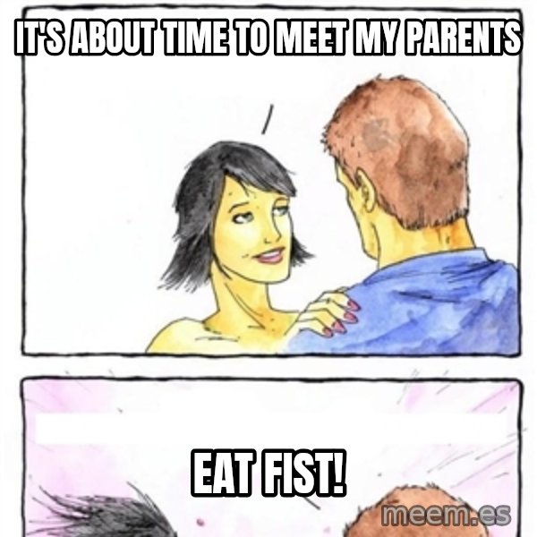 Alpha Boyfriend meme: It's about time to meet my parents / eat fist!