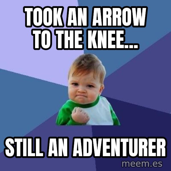 Success Kid meme: Took an arrow to the knee... / still an adventurer