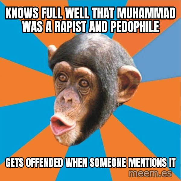 Stupid Monkey meme: Knows full well that Muhammad was a rapist and pedophile / gets offended when someone mentions it