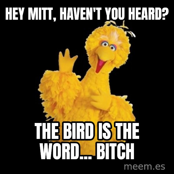 BIG BIRD meme meme: Hey mitt, haven't you heard? / The Bird is the woRd... Bitch