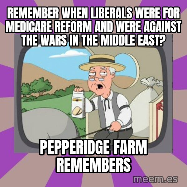 Pepperidge Farm Remembers FG meme: remember when liberals were for medicare reform and were against the wars in the middle east? / pepperidge farm remembers