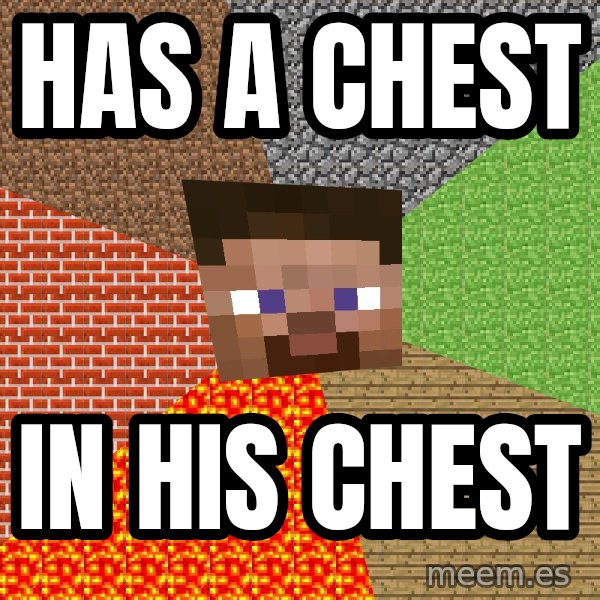 Minecraft Guy meme: has a chest / in his chest