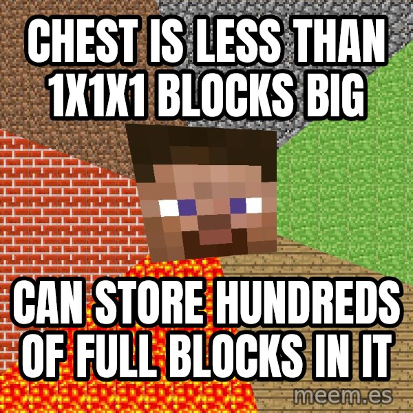 Minecraft Guy meme: Chest is less than 1x1x1 blocks big / can store hundreds of full blocks in it