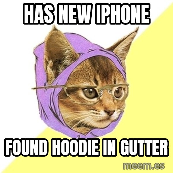 Hipster Kitty meme: has new iphone / found hoodie in gutter