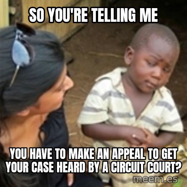 Skeptical african kid  meme: so you're telling me / you Have to make an Appeal to get your case heard by a circuit court?
