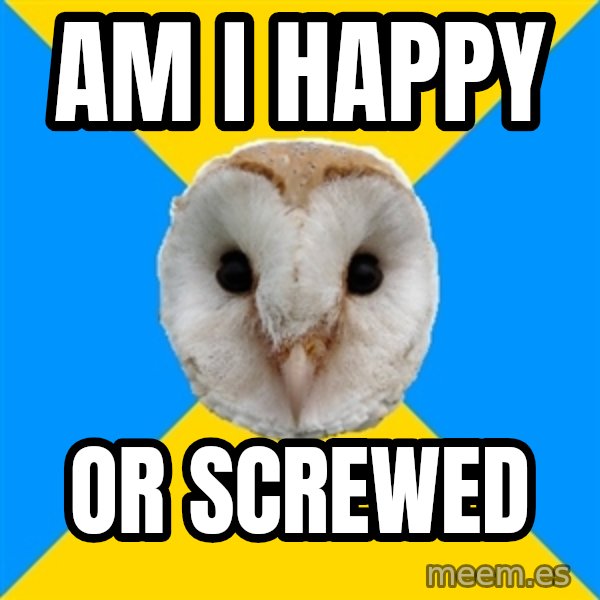 Bipolar Owl meme: am i happy / or screwed