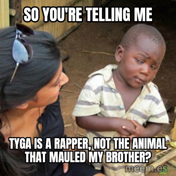 Skeptical 3rd World Kid meme: So you're telling me / tyga is a rapper, not the animal that mauled my brother?