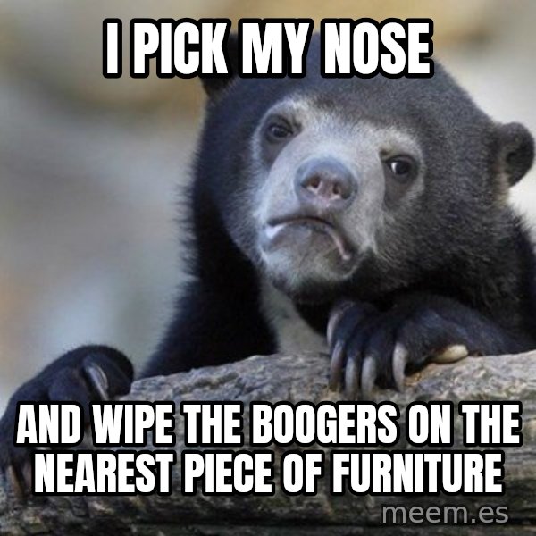 Confession Bear meme: i pick my nose / and wipe the boogers on the nearest piece of furniture