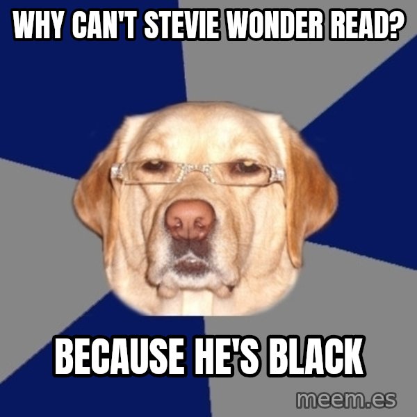 Racist Dawg meme: Why can't stevie wonder read? / Because he's Black