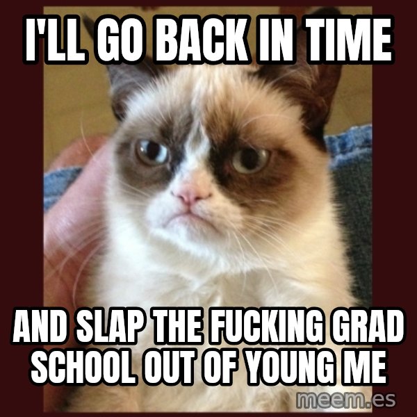Tard the Grumpy Cat meme: I'll go back in time / and slap the fucking grad school out of young me