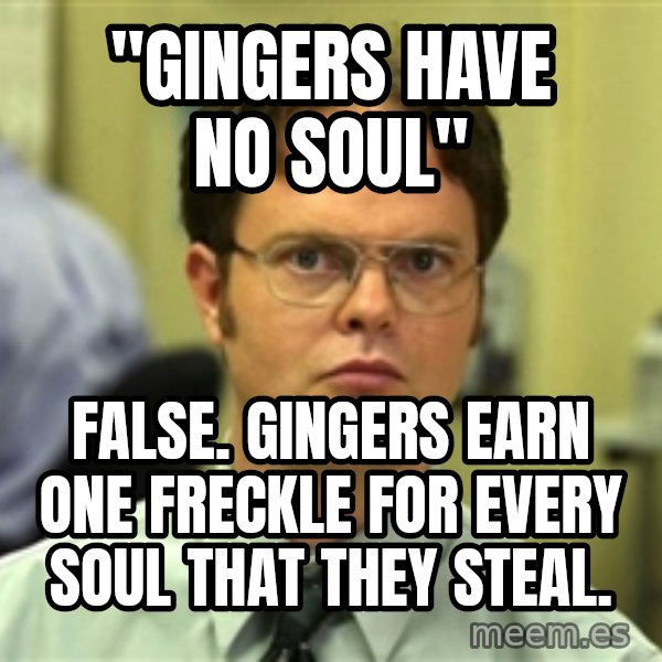Dwight Schrute meme: "GINGERS HAVE NO SOUL" / FALSE. GINGERS EARN ONE FRECKLE FOR EVERY SOUL THAT THEY STEAL.