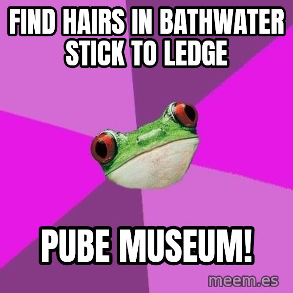 Foul Bachelorette Frog meme: find hairs in bathwater   stick to ledge / pube museum!