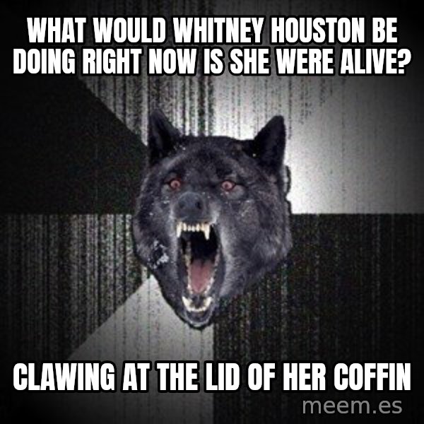 Insanity Wolf meme: What would whitney houston be doing right now is she were alive? / clawing at the lid of her coffin