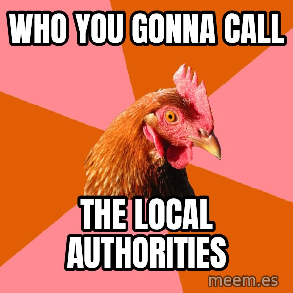 Anti Joke Chicken meme: Who you gonna call / The local authorities