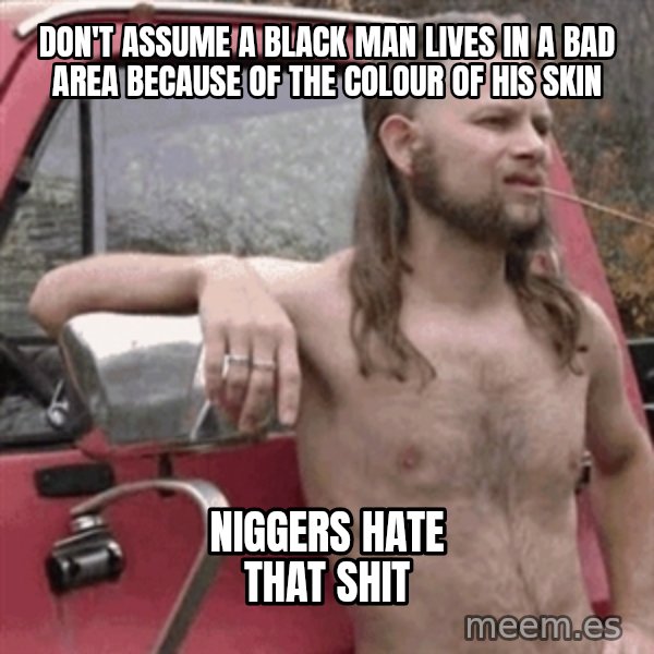 Almost Politically Correct Redneck meme: don't assume a black man lives in a bad area because of the colour of his skin / niggers hate that shit