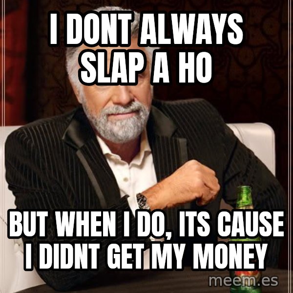The Most Interesting Man In The World meme: i dont always slap a ho / but when i do, its cause i didnt get my money