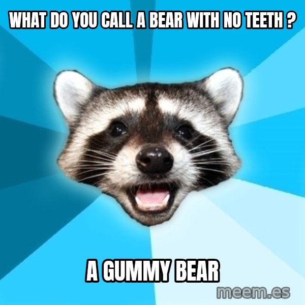Lame Pun Coon meme: What do you call a bear with no teeth ? / A gummy bear