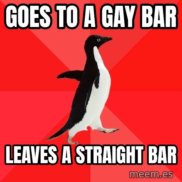 Socially Awesome Penguin meme: goes to a gay bar / leaves a straight bar