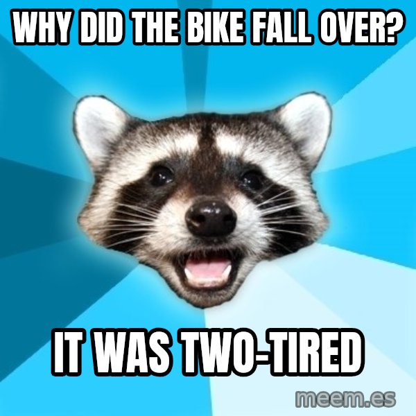 Lame Pun Coon meme: Why did the bike fall over? / it was two-tired