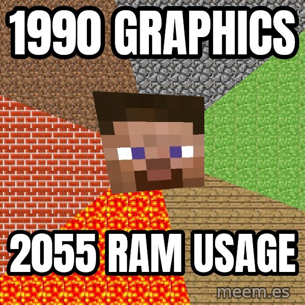 Minecraft Guy meme: 1990 GRAPHICS / 2055 RAM USAGE