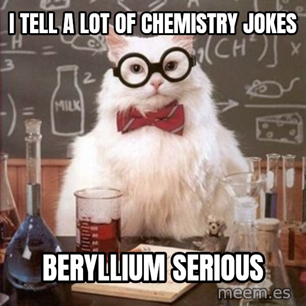 Chemistry Cat meme: i tell a lot of chemistry jokes / beryllium serious