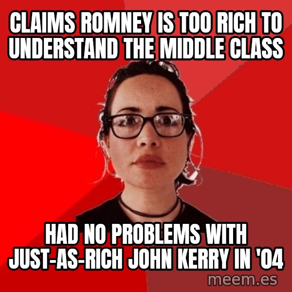 Liberal Douche Garofalo meme: Claims Romney is too rich to understand the middle class / hAD NO PROBLEMS WITH JUST-AS-RICH jOHN kERRY IN '04