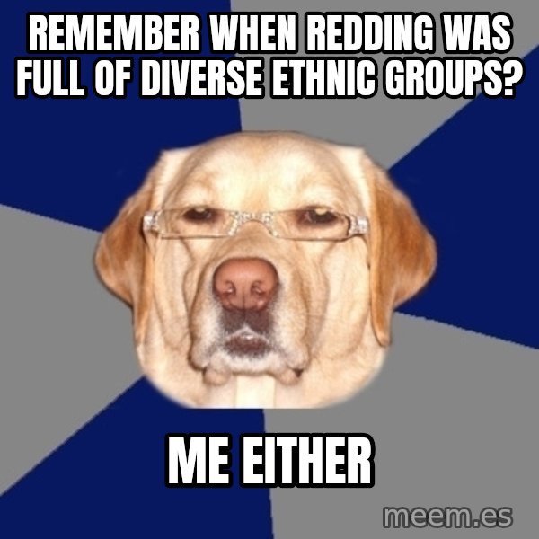 Racist Dawg meme: Remember when redding was full Of diverse eThnic grOups? / Me either