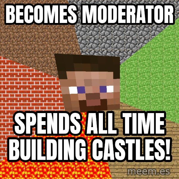 Minecraft Guy meme: Becomes Moderator / Spends all time building castles!