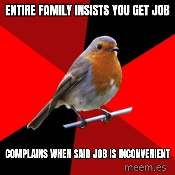 Retail Robin meme: Entire family insists you get job / complains when said job is inconvenient